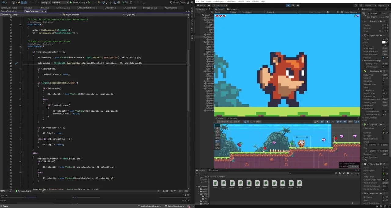 Скриншот Unity: пиксельный лис-платформер и код PlayerController.cs